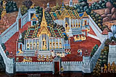 Detail of 'Ramakien' mural painting  - temple of the Emerald Buddha, Bangkok . Architectural elements in the panels are adapted from the real palaces and temples of the capital. 